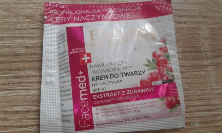 Eveline Facemed +, Krem do twarzy, Nawilżająco - wzmacniający, Na naczynka, Na dzień i na noc, Ekstrakt z żurawiny- próbka