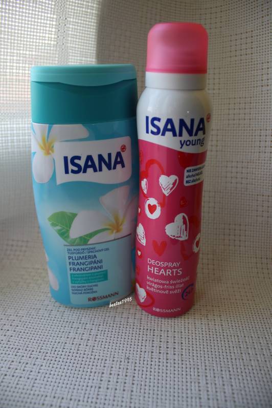 isana antyperspirant w sprayu hearts, żel pod prysznic plumeria