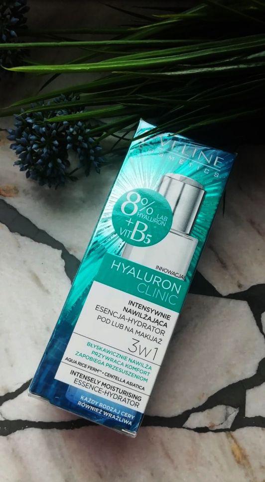 Eveline Hyaluronic Clinic, Esencja-hydrator pod lub na makijaż 3w1, Intensywnie nawilżająca, Każdy rodzaj cery