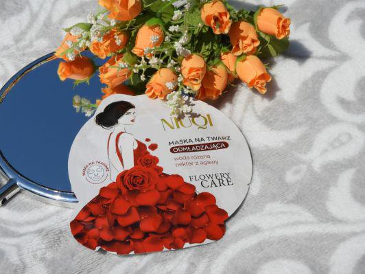NIUQI Maska do twarzy w płacie, Flowery Care, Odmładzająca, Woda różana i nektar z agawy