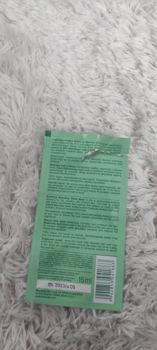 Biotaniqe Aloe Vera, Maska do twarzy w płacie, Nawilżająco-kojąca