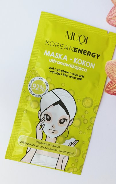 NIUQI Korean Energy, Maska-kokon do twarzy, Ultranawilżająca, Olej z otrębów ryżowych, Wyciąg z liści winorośli 
