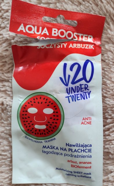Under Twenty Aqua Booster, Maska do twarzy na płacie, Nawilżająca, Łagodząca podrażnienia, Soczysty Arbuzik