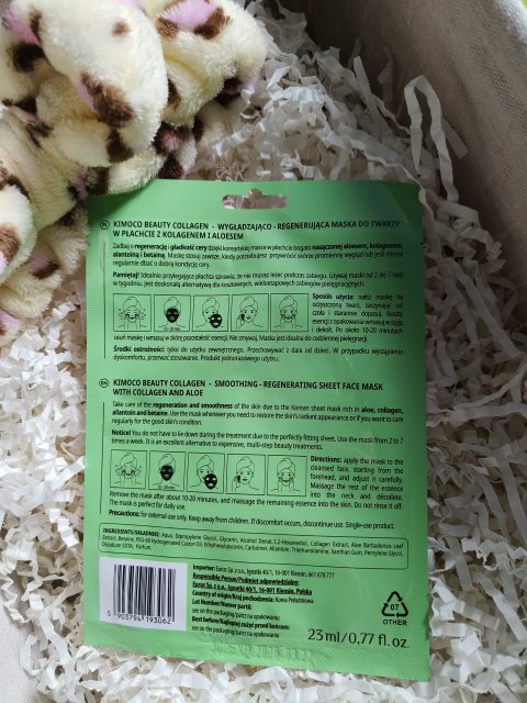 Kimoco Beauty Maska do twarzy w płacie, Collagen, Collagen + Aloe, Wygładzająco-regenerująca, Kolagen i Aloes 