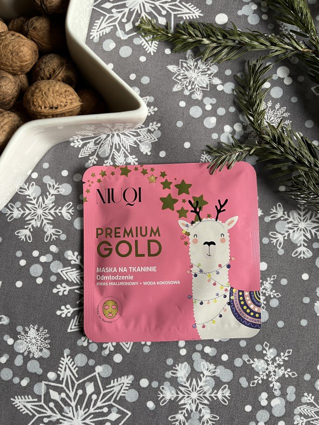 NIUQI Maska do twarzy w płacie, Premium Gold, Odmłodzenie, Kwas hialuronowy + woda kokosowa