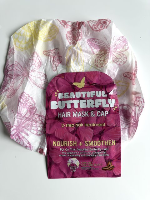 Maska do włosów w czepku, Beautiful Butterfly, 2-etapowy relaksujący zabieg z maską do włosów, Wzbogacony wyciągiem z ziaren kawy 