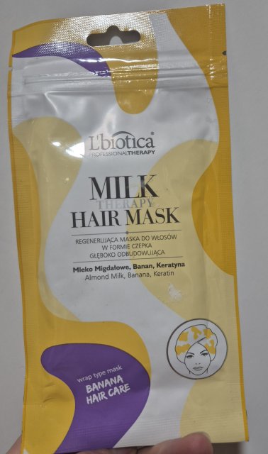 L'biotica Milk Therapy, Maska do włosów w formie czepka, Regenerująca, Mleko migdałowe, banan, keratyna