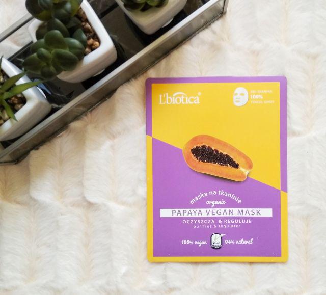 L'biotica Organic, Maska do twarzy w płacie, Papaya Vegan Mask, Oczyszcza i reguluje