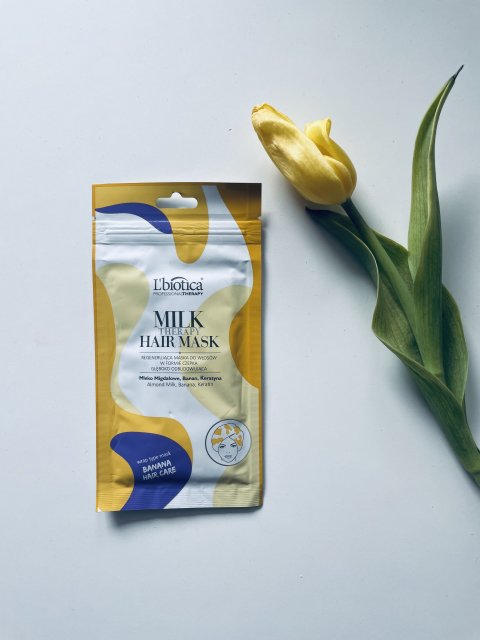 L'biotica Milk Therapy, Maska do włosów w formie czepka, Regenerująca, Mleko migdałowe, banan, keratyna