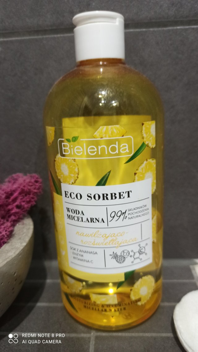 Bielenda Eco Sorbet, Woda micelarna, Nawilżająco-rozświetlająca, Sok z ananasa + enzym + witamina C