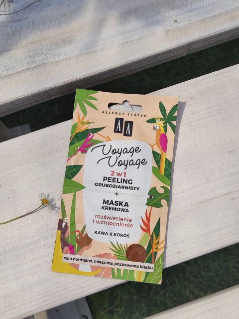 AA Voyage Voyage, 2w1 Peeling gruboziarnisty + maska kremowa, Kawa & Kokos