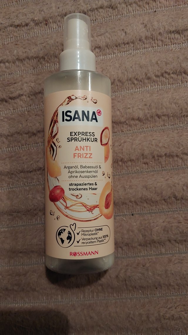 Isana Anti Frizz, Kuracja do włosów w sprayu, Ekspresowa, Nawilżająca, Z olejem arganowym, babassu i olejem z pestek moreli