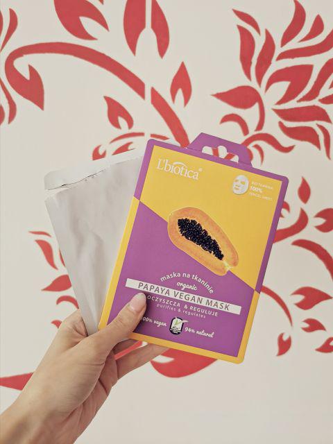 L'biotica Maska do twarzy w płacie, Organic, Papaya Vegan Mask Oczyszcza i Reguluje