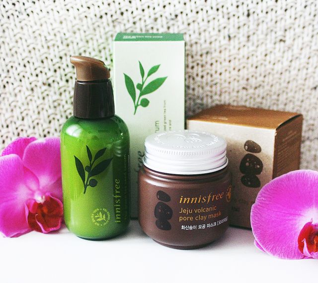 Innisfree, maska glinkowa, serum zielona herbata