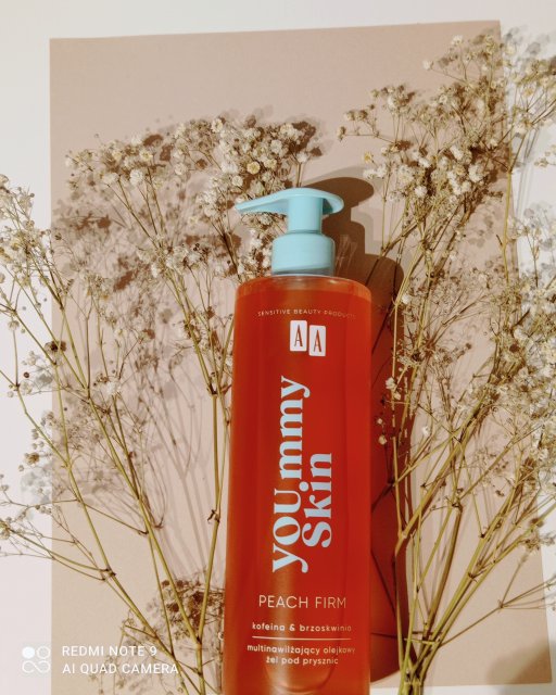 AA Yoummy skin, żel pod prysznic, peach firm, multinawilżający olejowy żel pod prysznic, kofeina i brzoskwinia