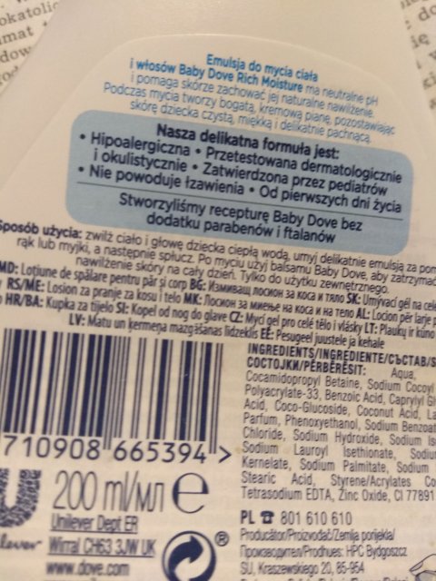 Dove Baby, Emulsja do mycia ciała i włosów, Rich Moisture