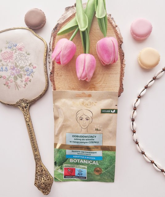 Marion Botanical, Zabieg do włosów w nasączonym czepku, Odbudowujący, Keratyna & Brzoza