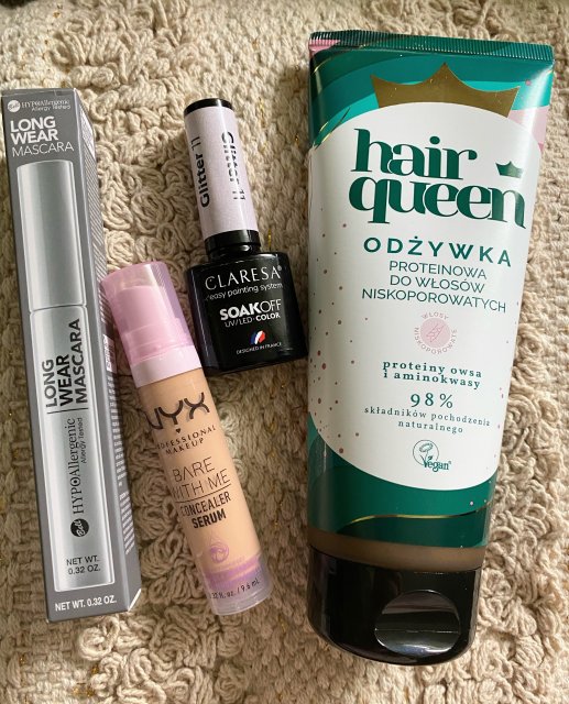 Hair Queen odżywka proteinowa Claresa lakier hybrydowy Bell tusz do rzęs NYX korektor 