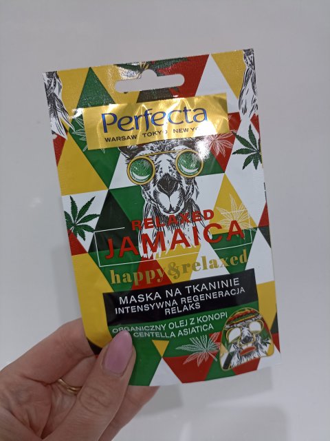Perfecta Relaxed Jamaica, Happy & Relaxed, Maska na tkaninie, Intensywna regeneracja, Relaks, Organiczny olej z konopi Centella Asiatica 