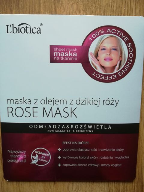 L'biotica Rose Mask, Maska do twarzy, Odmładza i rozświetla, Z olejem z dzikiej róży