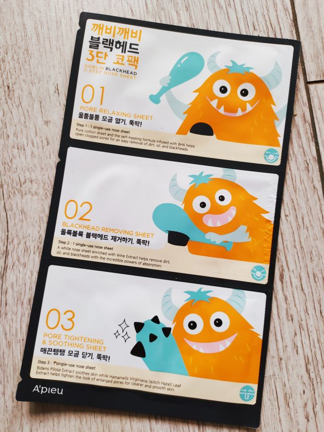 A'pieu Plastry na nos, Oczyszczająco-wygładzające, 3 stopniowe, Goblin Blackhead 3-step Nose Pack